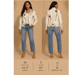 AFTF Basic Cream Floral Embroidered Faux Leather Moto Jacket Studded Large